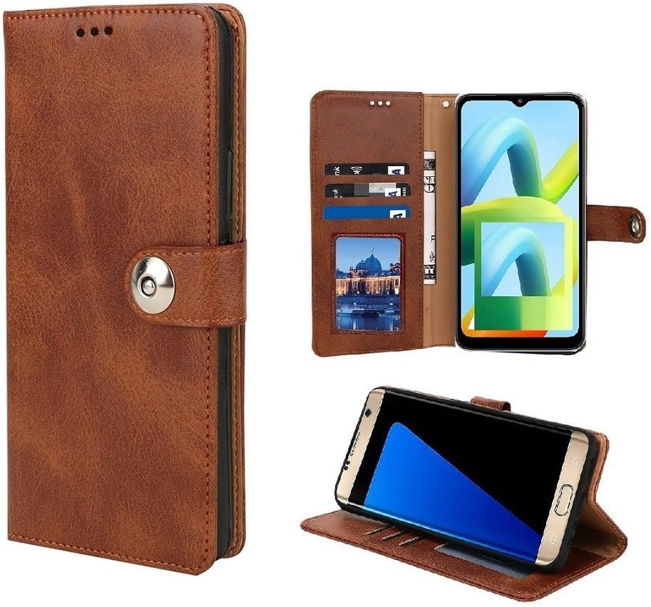 Image of KashiVerse Genuine Vegan Leather Finish Flip Cover for Vivo V2143 / T1X | Inside Back TPU & Inbuilt Stand | Wallet Stylish Button Magnetic Closure - Brown