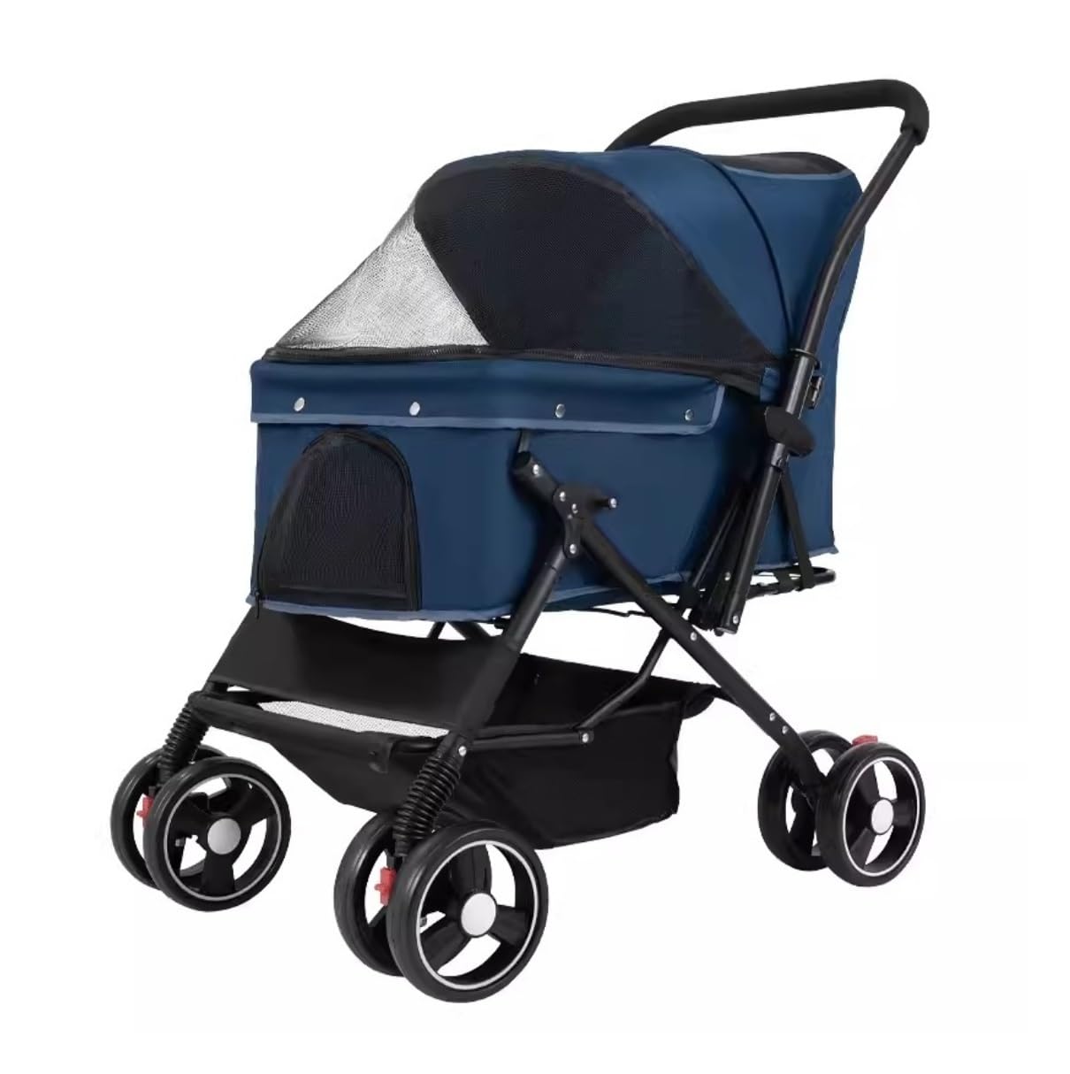 Carrito mascotas azul y cochecito plegable de perros con cesta de almacenamiento útil
