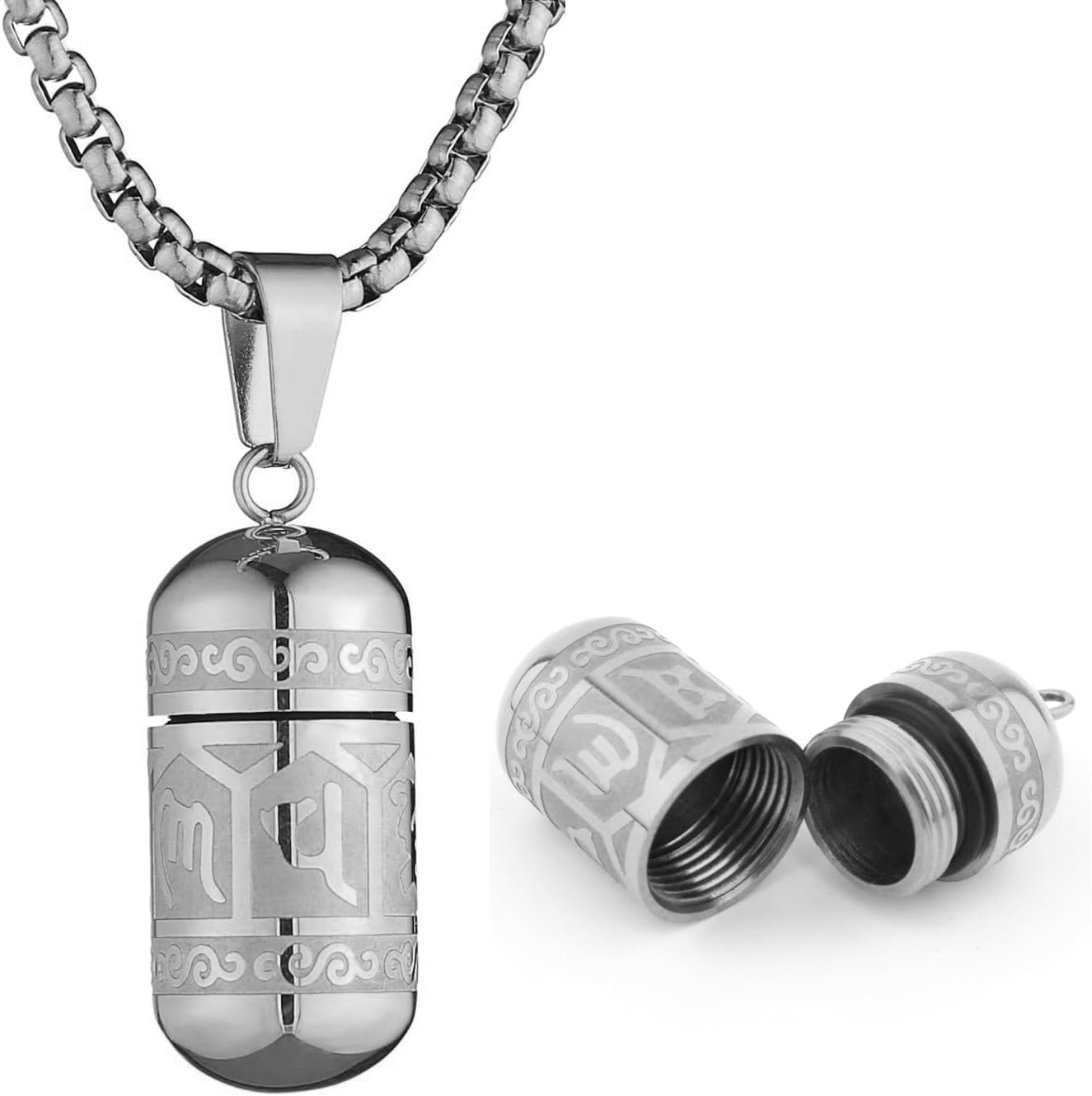 Tibetan Buddhist Meditation Stainless Steel Pendant Memorial Cremation Ash Pill Container Necklace 23.6+1.96" Chain