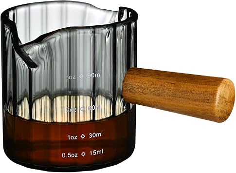 Glass Measuring Cup, 3oz Espresso Shot Glass with Wood Handle, Double Spouts Measuring Cups Pitcher Milk Cup Coffee Shot Glasses Gray Ribbed