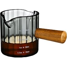 Glass Measuring Cup, 3oz Espresso Shot Glass with Wood Handle, Double Spouts Measuring Cups Pitcher Milk Cup Coffee Shot Glasses Gray Ribbed