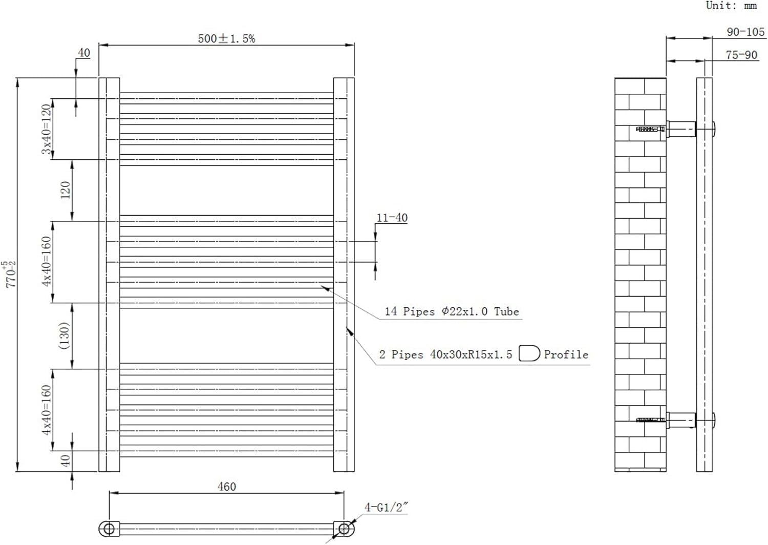Go Bathrooms Nola Toallero de baño con calefacción, radiador de baño, montado en la pared, color negro, 770 mm x 500 mm