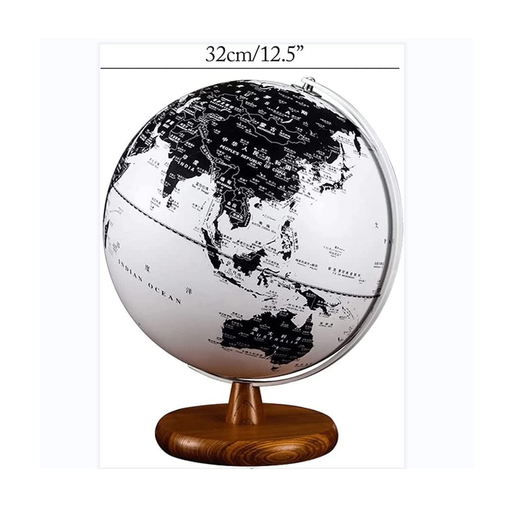 Globo terráqueo clásico en Blanco y Negro con Base de Madera, luz LED Brillante, Giratorio, Regalo para niños, 32 cm de diámetro.
