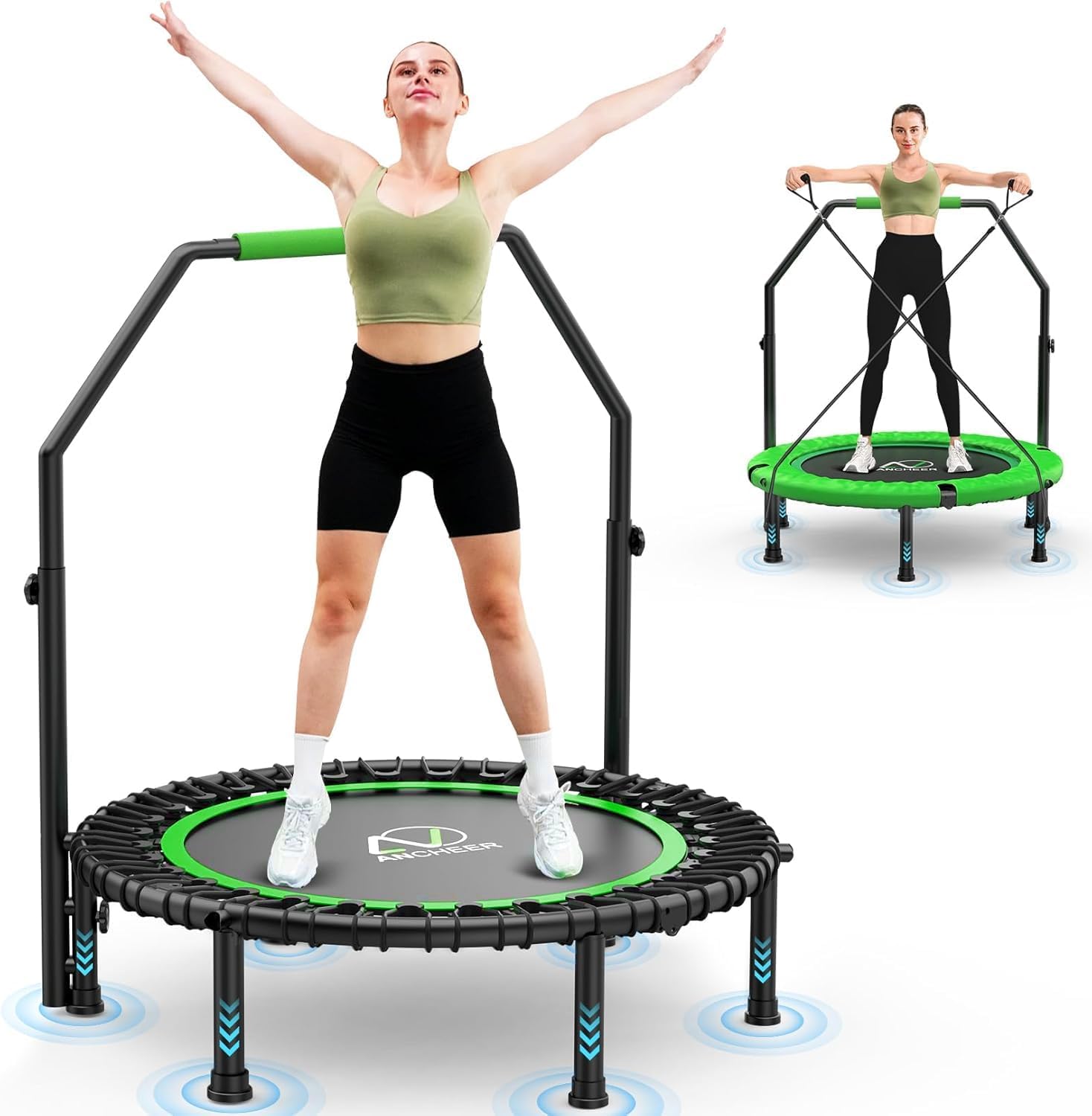ANCHEER Trampoline, 40" Mini Rebounder Trampoline for Adults/Kids with 4 Level Adjustable Foam Handle,Bungees Fitness Trampoline Indoor/Outdoor, 400LBS Exercise Trampoline for Home, Garden, and Gym