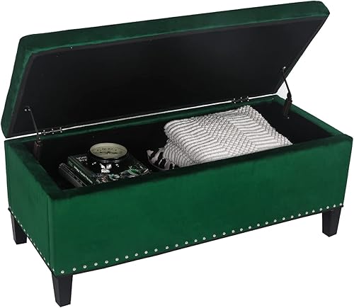 Miniatura 6 de Adeco Otomana rectangular de almacenamiento, banco de terciopelo copetudo en el extremo de la cama con remache, taburete reposapiés, mesa de café