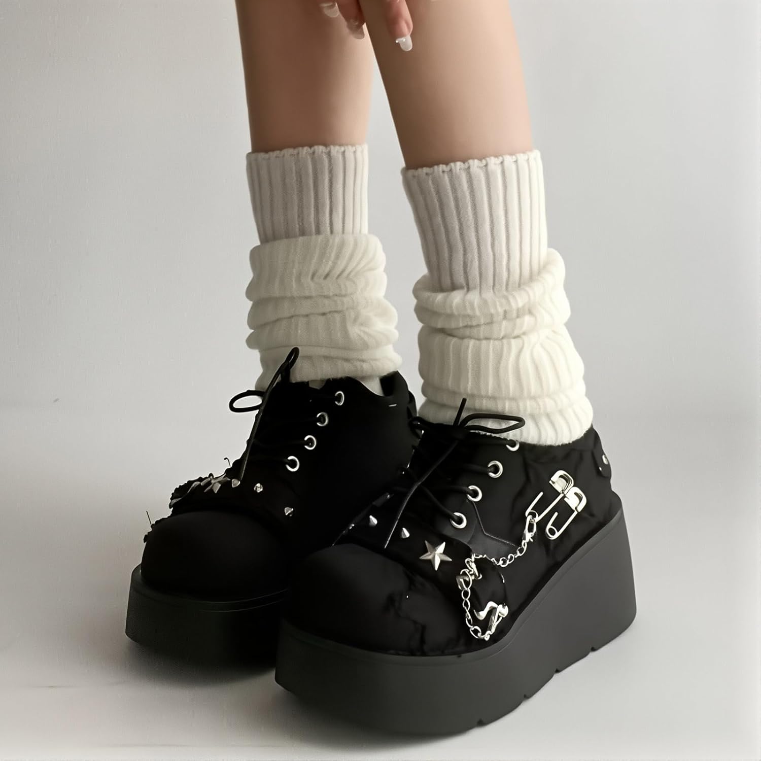 Women's Denim Low Top Wedge Gothic Ankle Boots Fashion Chain Round Toe Lace Up Platform Ankle Boots Rave Party Prom Punk Boots - Image 5