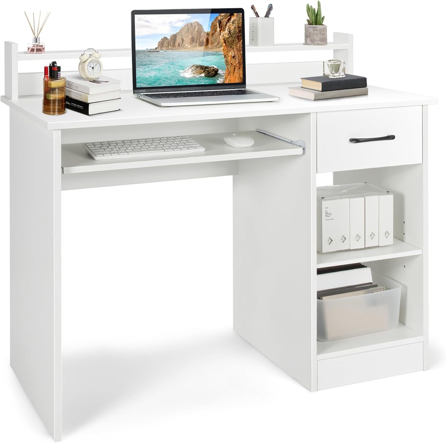 Tangkula White Desk with Drawer & Keyboard Tray, 22 Inch Wide Modern Study Writing Desk with Desktop Hutch & Storage Shelves, Home Office Desk for Teens, Wood PC Laptop Desk, Desk for Bedroom