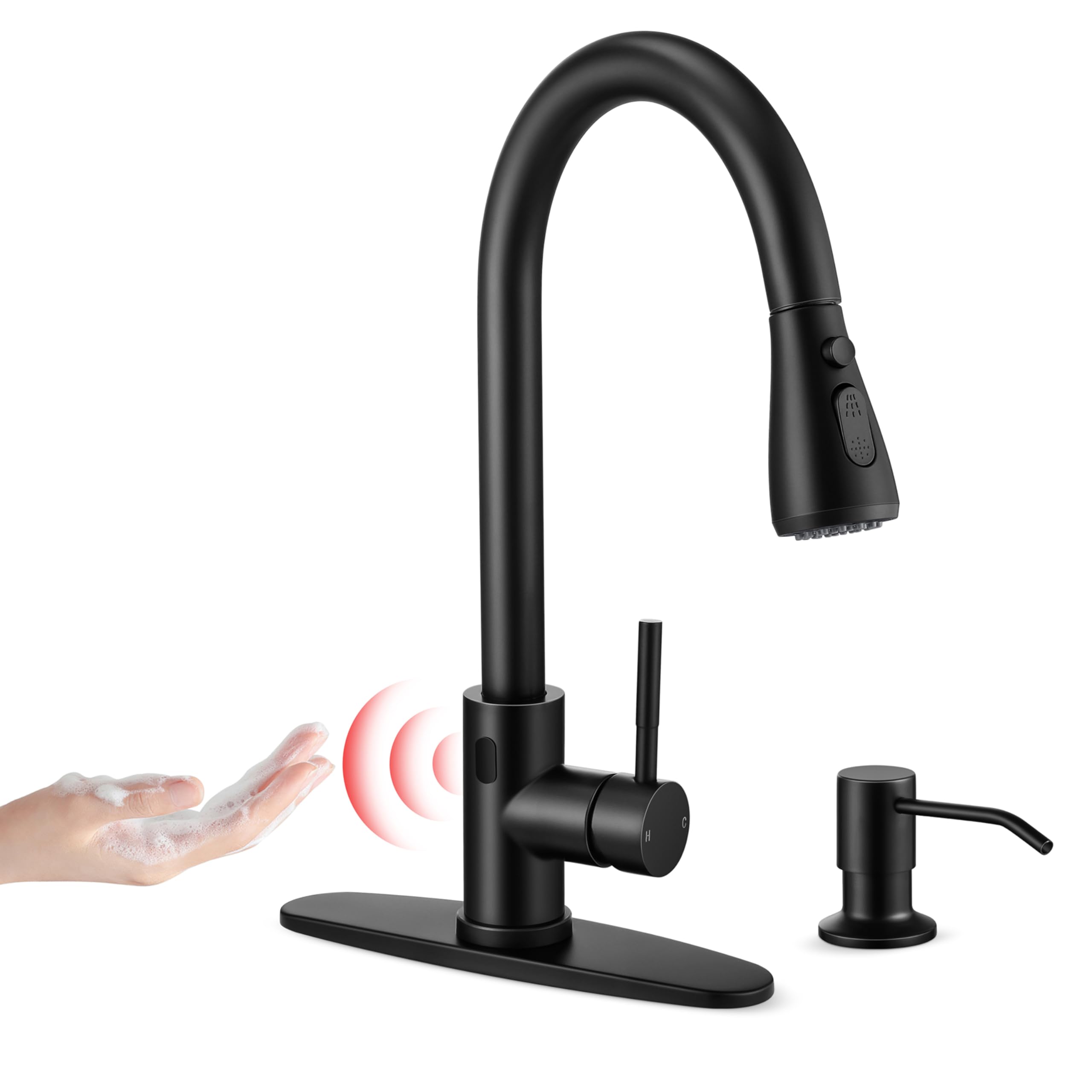 Touchless Kitchen Faucets with Pull Down Sprayer & Soap Dispenser, Homikit Automatic Motion Sensor Smart Faucet for Kitchen Sink, Matte Black Single Handle Stainless Steel Kitchen Faucet for Vanity RV