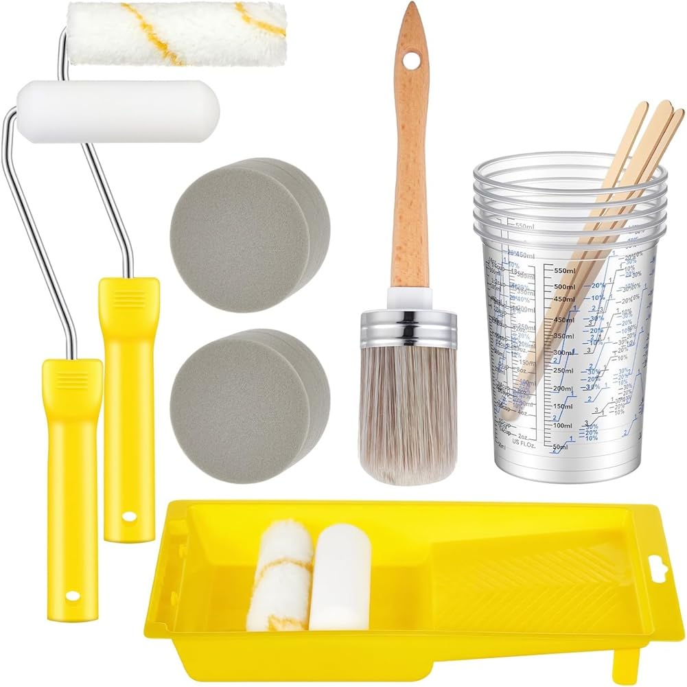 UDSKNV[KSL Painting Supplies Set- 18 Pieces Paint Brushes& Rollers with Sponge, Tray Liner, Cup, and Mixing Stick for Cabinet Furniture
