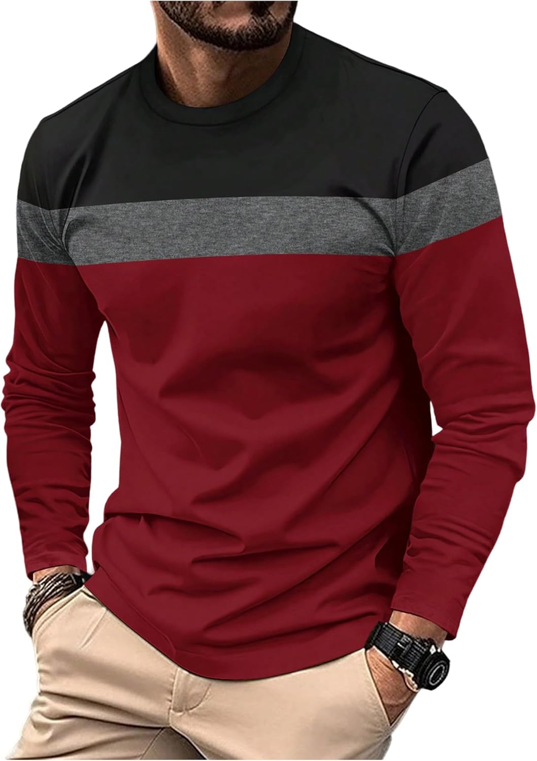 Men's Color Block Striped Tops Crew Neck Long Sleeve T Shirts Sports Wear