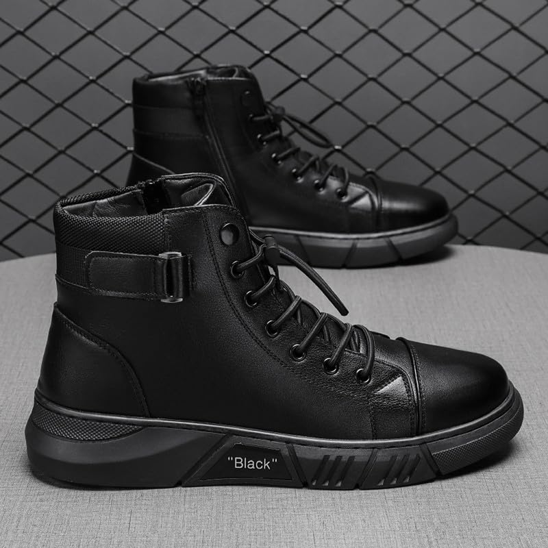 Image of Men's Italian High Top Leather Boots Non-Slip Soft Motorcycle Shoes Black Side Zipper Chukka Classic Business Boots
