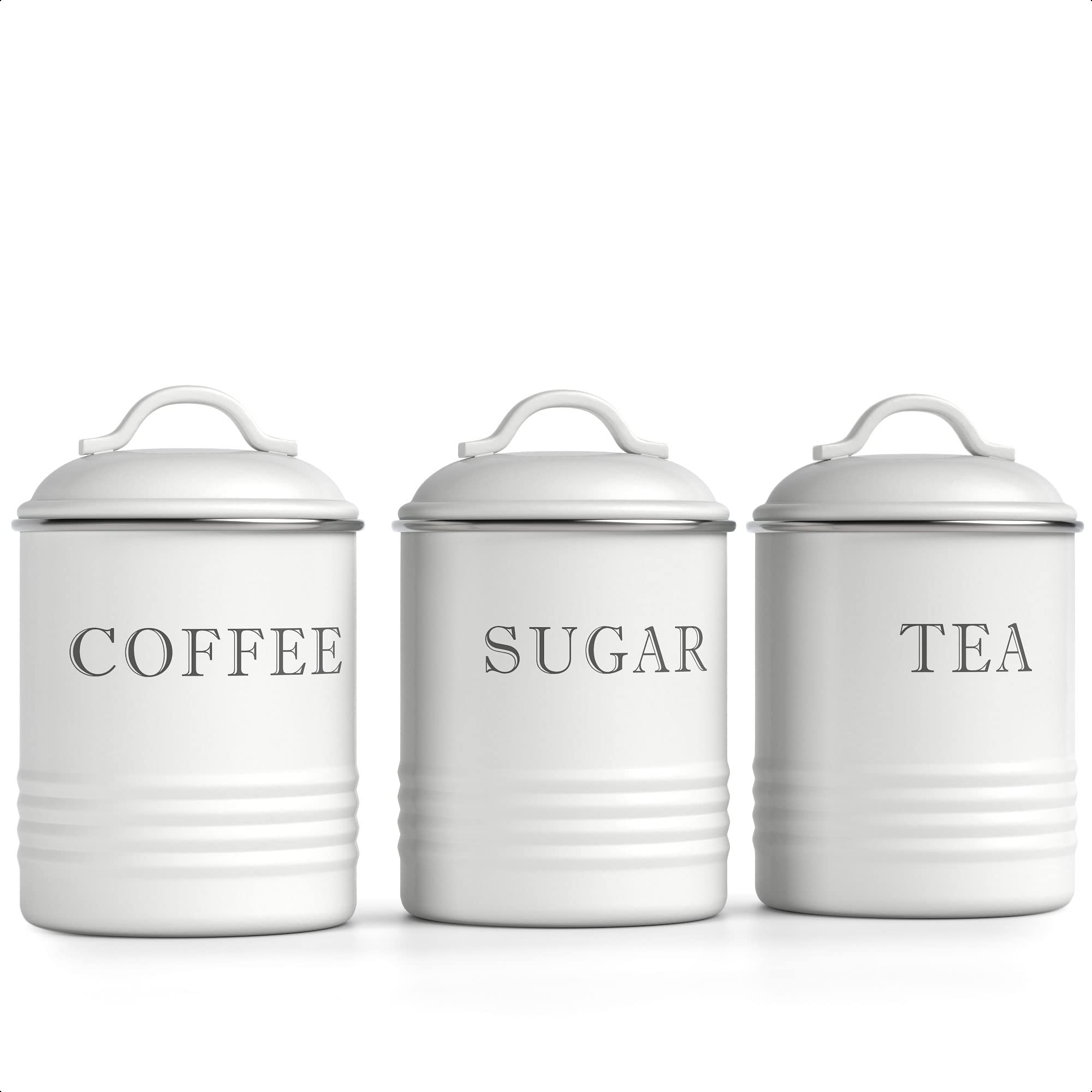 Barnyard Designs Decorative Kitchen Canisters with Lids White Metal Rustic Vintage Farmhouse Country Decor for Sugar Coffee Tea Storage (Set of 3)