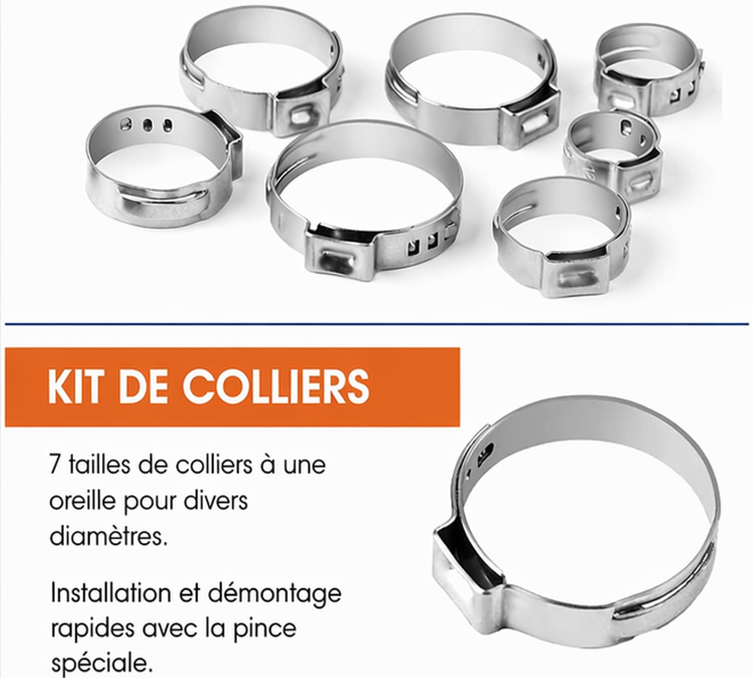 Lot de 130 Collier De Serrage Inox 5,8 à 21 mm Colliers de Serrage à Oreille Unique avec Pinc pour Canalisations, Conduites de Carburant et Automobile (Argent)