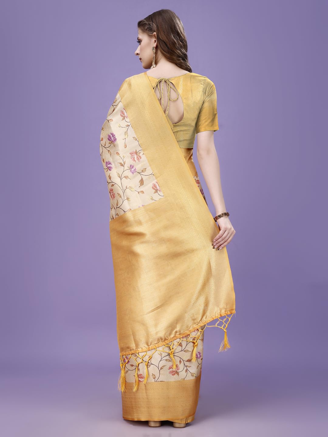 Pujia Mills Smooth Silk Saree For Women Indian Ethnic Wear Pure Silk Blend Zari Weaving Floral Digital Printed Smooth Silk Light Weight Yellow Color Simple Saree Outfit