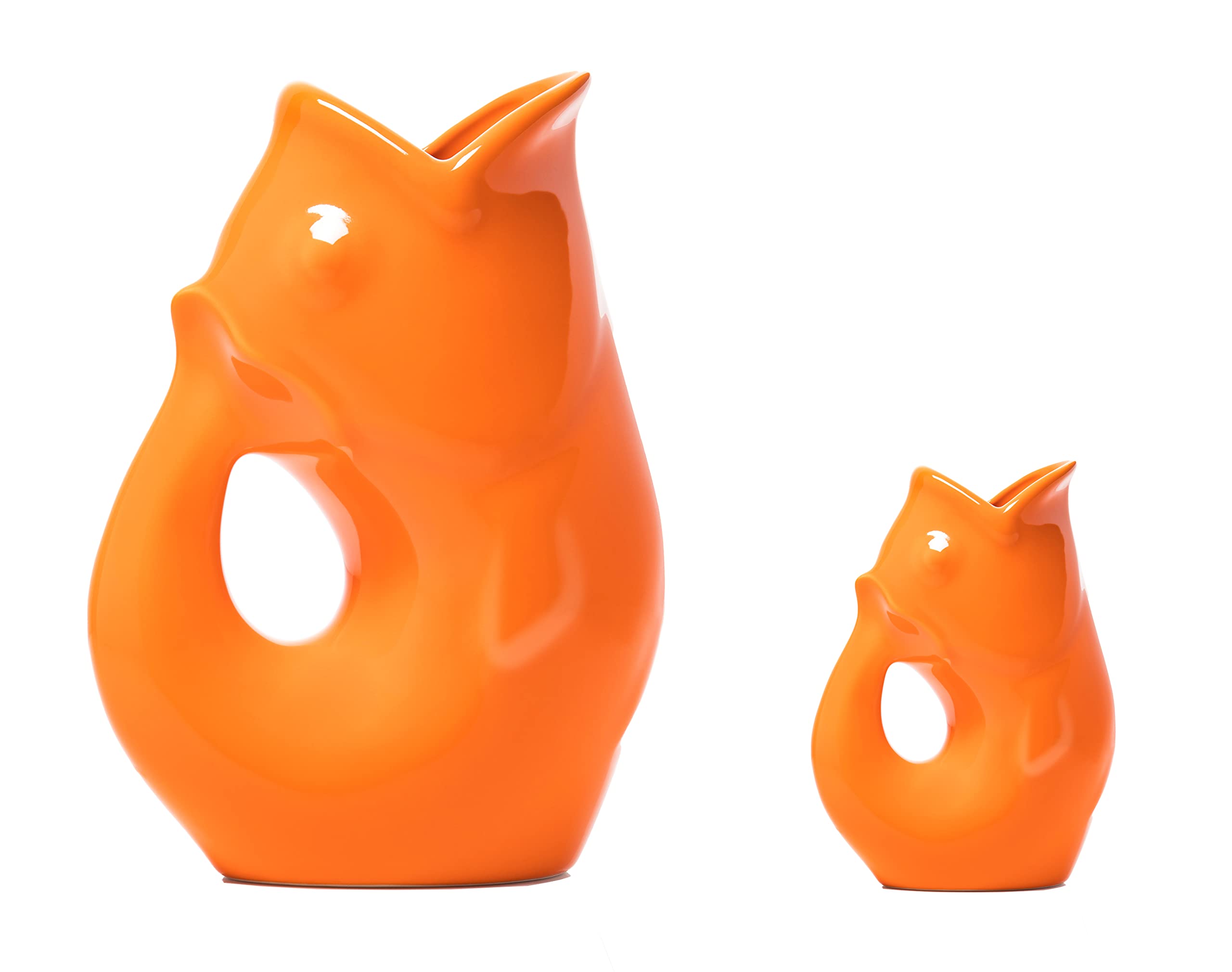 Gurgle Pot Fish Pitcher, Set of 2, French Inspired Design, Large Pitcher 42 oz. with matching Creamer, Vibrant Orange, the perfect Indoor or outdoor tableware.