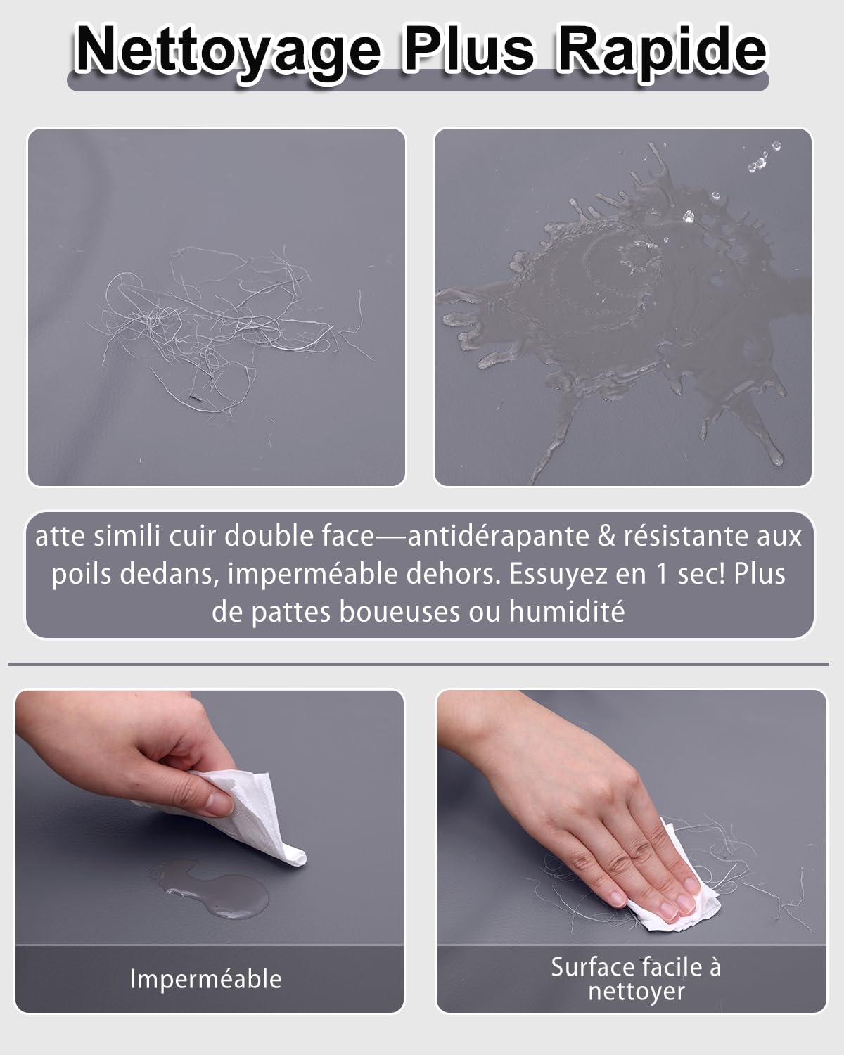 Matelas Chien Imperméable,105x70cm,Coussin Chien Grande Taille en Cuir Artificiel,Panier Chiens Extérieur Portable & Économiseur d'Espace,Lavable&Essuyable,Intérieur & Voyage,Gris