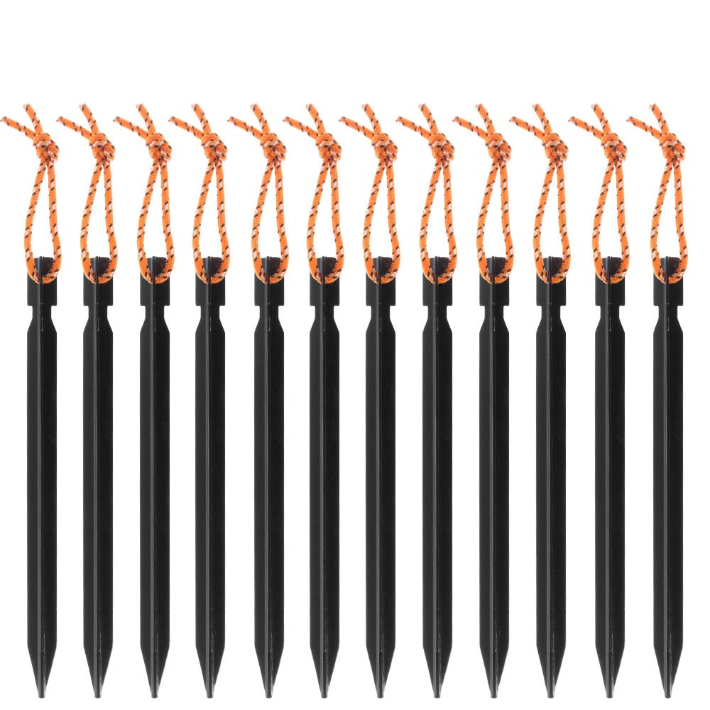 Outdoor Bunker 12 Pack 7 Inch Lightweight Tri-Beam Aluminum Outdoor Camping Tent Stakes Pegs with Pull Cords