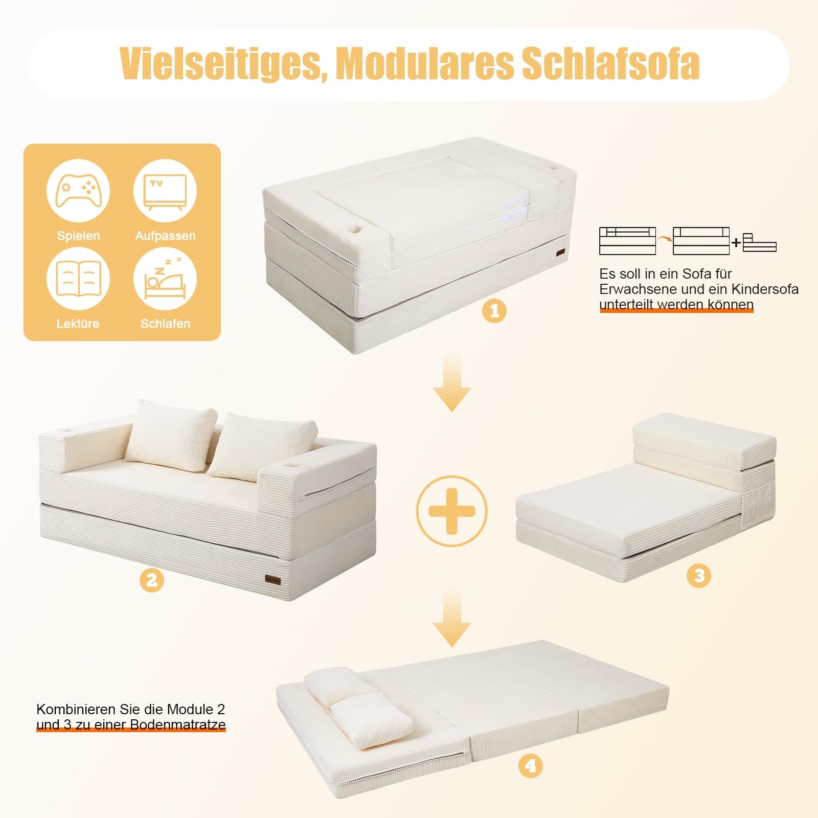 MeMoreCool Boneless Futon-Schlafsofa, faltbares Bodensofa mit Kissen, klappbares Cord-Schlafsofa, ausklappbares Zweisitzer-Sofa für Wohnzimmer und kleine Räume, Beige