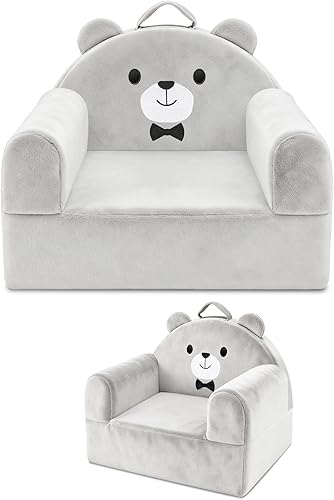 Kids Sofa Chair with Removable Washable Cover & Magic-Tape Backrest Toddler Chair, Cozy Crystal Velvet Furniture for Playtime, Naps & Travel (Soft Grey, Bear Design)