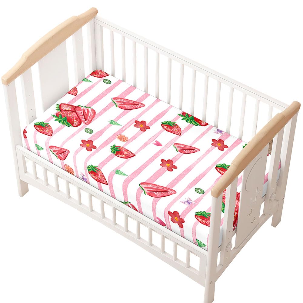 Odot Cot Bed Sheets, Strawberry Print Bedside Cribs Fitted Sheets, Baby Bed Sheets Microfiber Cot Bed Mattress Protector, Bassinet Sheets, Easy Care Soft and Dureable (65x95 cm,stripe)