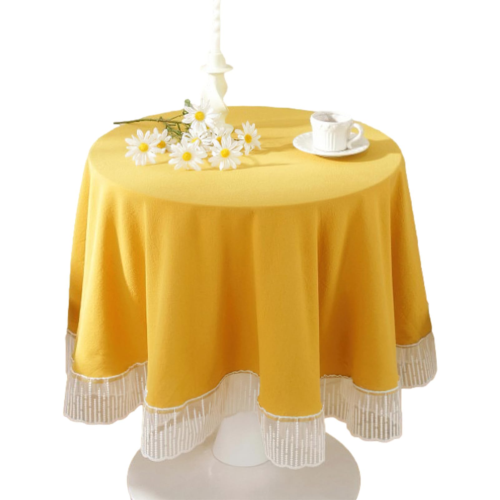 rismart Cotton Round Table Cloths Four-Season Table Cover Decor Tablecloth with Embroidered Lace Border Yellow,59" Round