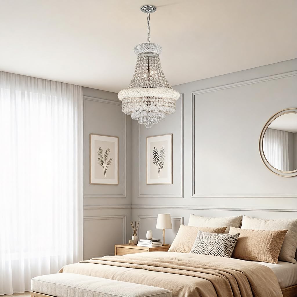 Nowoczesne srebrne kryształowe żyrandole do jadalni, Smart Dimmable Luxury 6-Light Empire Style K9 Crystal Lighting Fixture do salonu, sypialni, średnica 42 cm