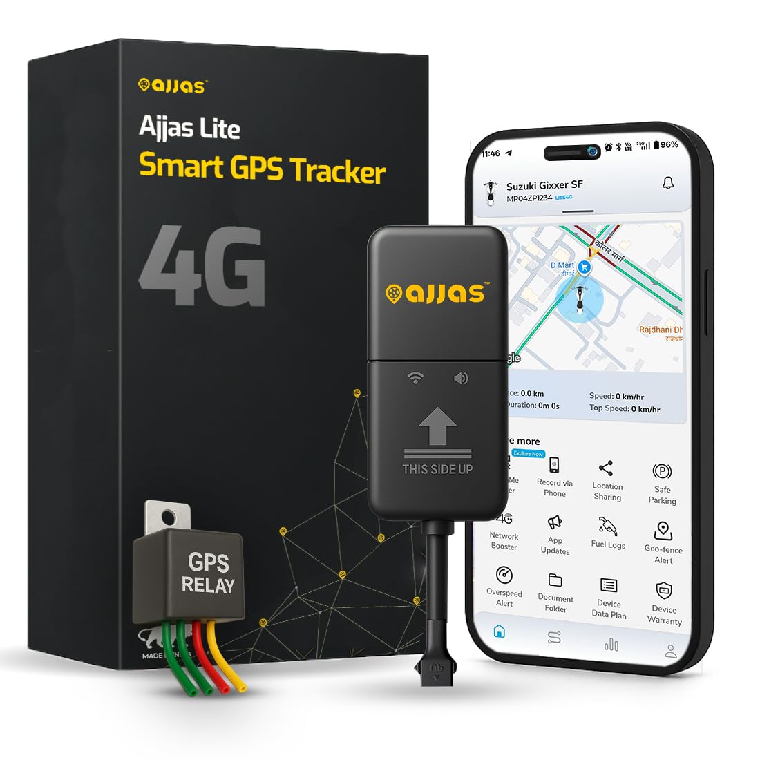 - Ajjas 4G Lite (Remote Engine Lock) - Wired Hidden AI Smart GPS with Driving Score, Location Tracking, Geo Fence Alert, More 15+ Features for Car, Bike, Truck, Bus with with (1 Year Free Application)