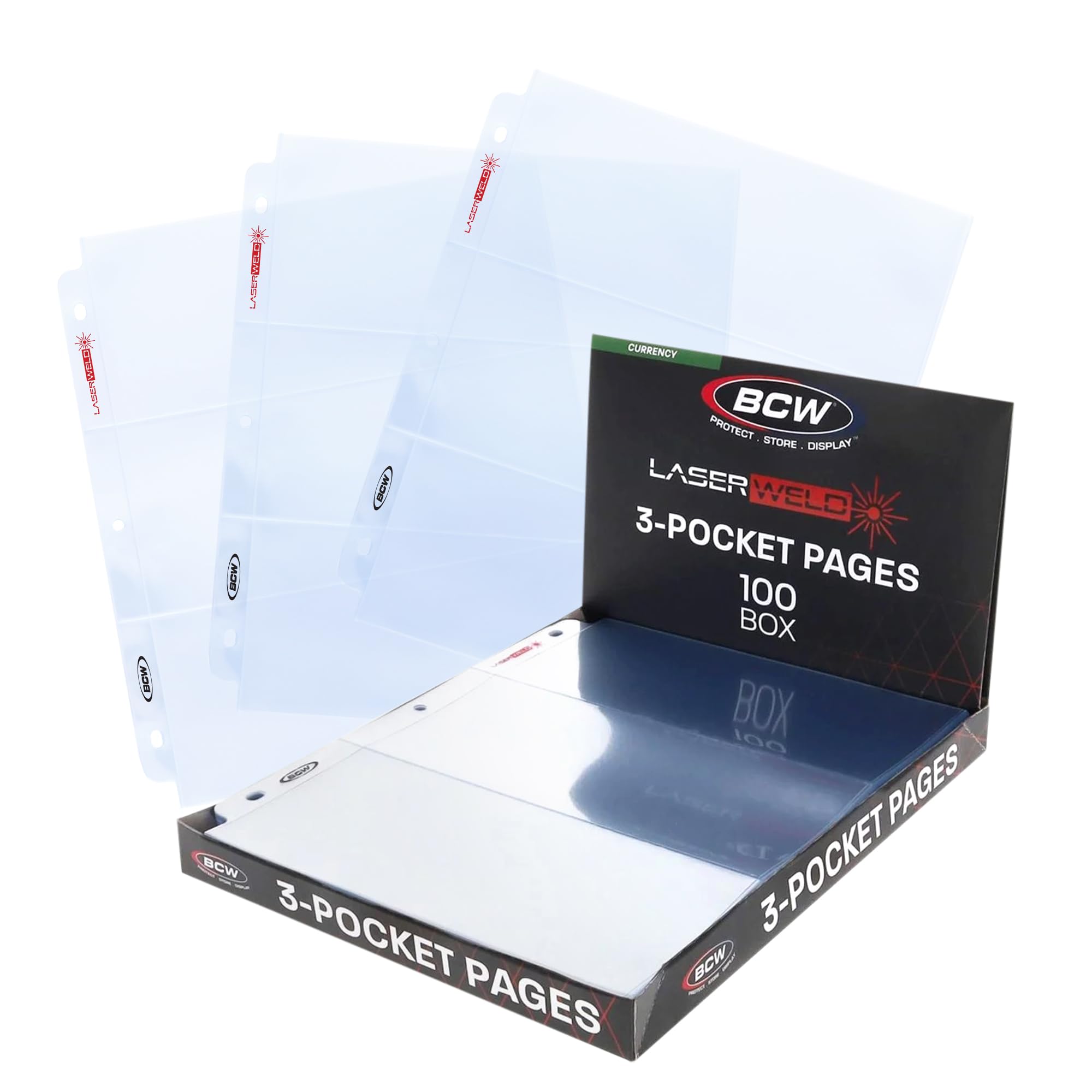 BCW LaserWeld 3-Pocket Currency Page - 100ct | Archival Polypropylene | Top-Loading, Acid-Free, Clear Binder Sleeves | Ideal for Dollar Bill, Currency