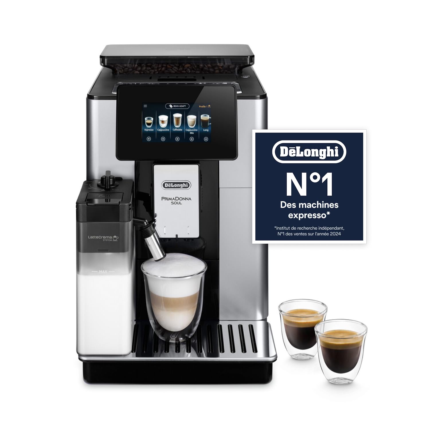 De’Longhi PrimaDonna Soul - Perfetto Machine à Café Automatique avec LatteCrema Mousseur à Lait Automatique, 18 Boissons en une Seule Touche, Écran Full-Touch, Argent et Noir (ECAM612.55.SB) Unique