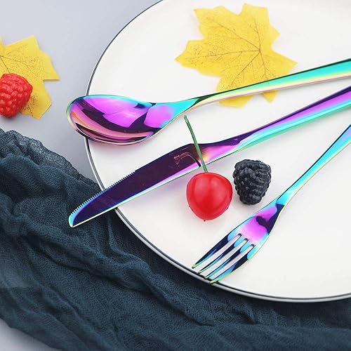 Miniatura 2 de JASHII Juego de cubiertos modernos de 20 piezas, acero inoxidable arcoíris con borde cuadrado, servicio para 4, pulido espejo y apto para