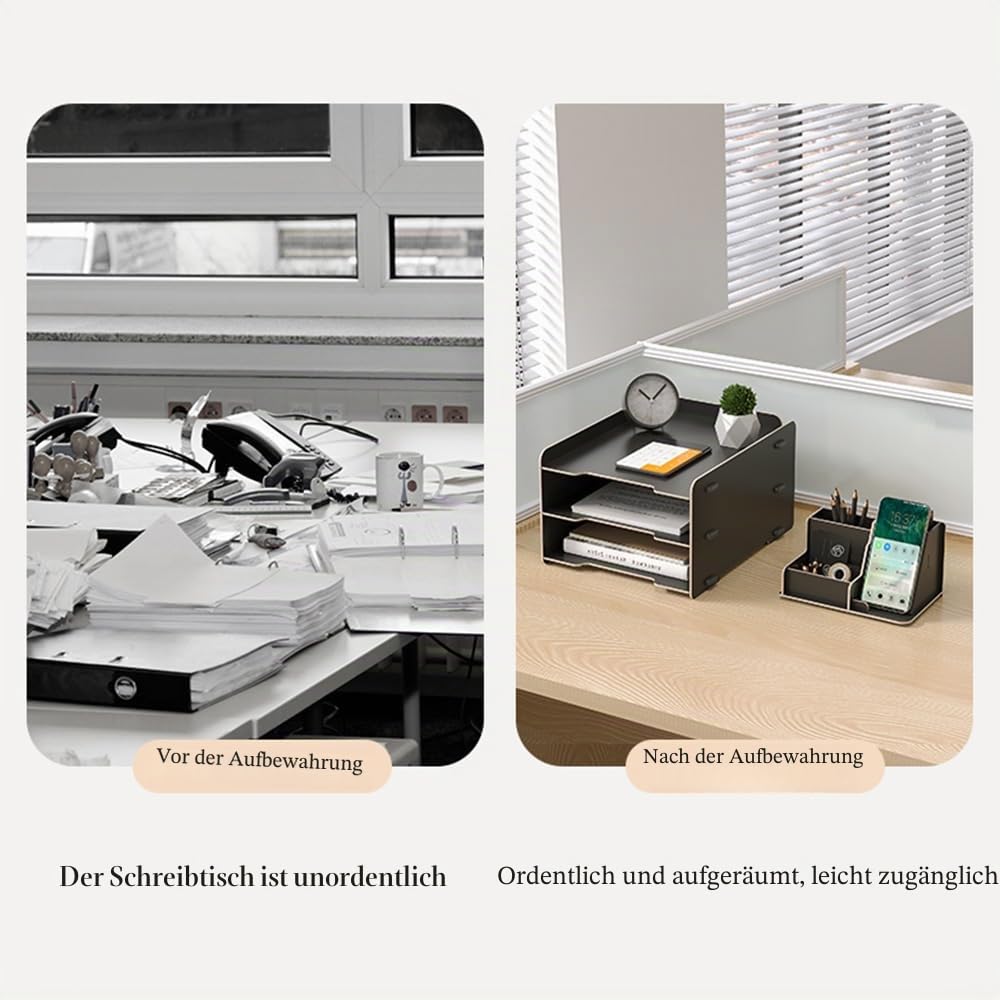 NUODWELL Holz Schreibtisch-Organizer-Set – 3-Etagen-Papier-Briefablage/A4-Datei-Dokumentenhalter/Stiftehalter, Desktop-Organizer und Aufbewahrung für Büromaterial (Schwarz)