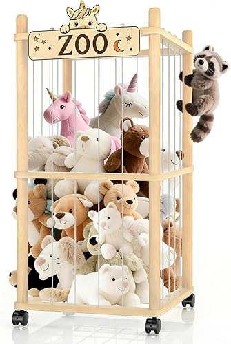 Miniatura 9 de Torre del zoológico de almacenamiento de animales de peluche, organizador grande de madera de 56 pulgadas con ruedas, almacenamiento de peluches con