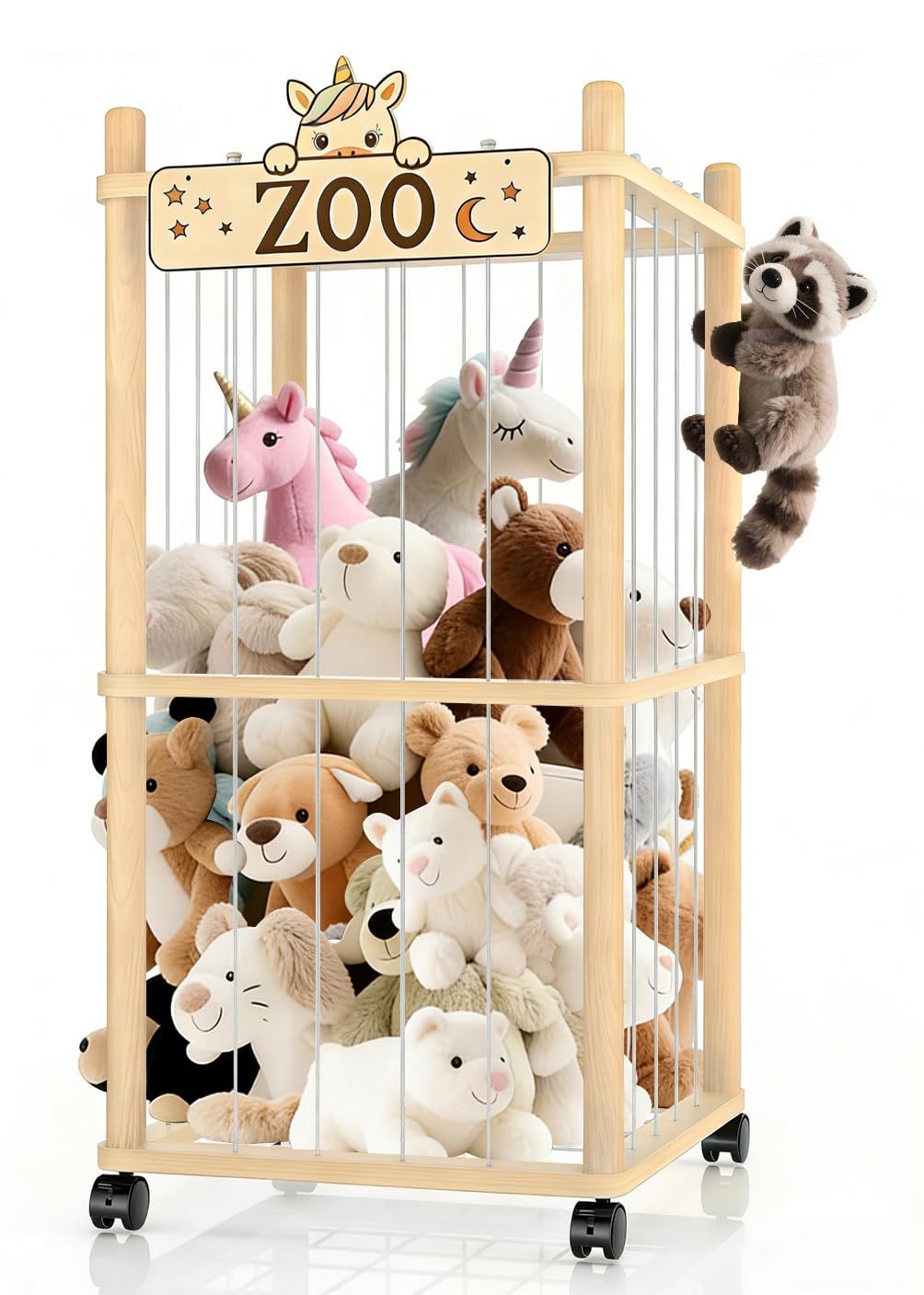 2 Tier Stuffed Animal Storage Zoo Tower,56In Wooden Large Stuffed Animal Holder Organizer with Wheels,Stuffy Plushies Storage with Elastic Band&amp;Mesh Bottom,Toy Storage Organizers for Playroom Nursery