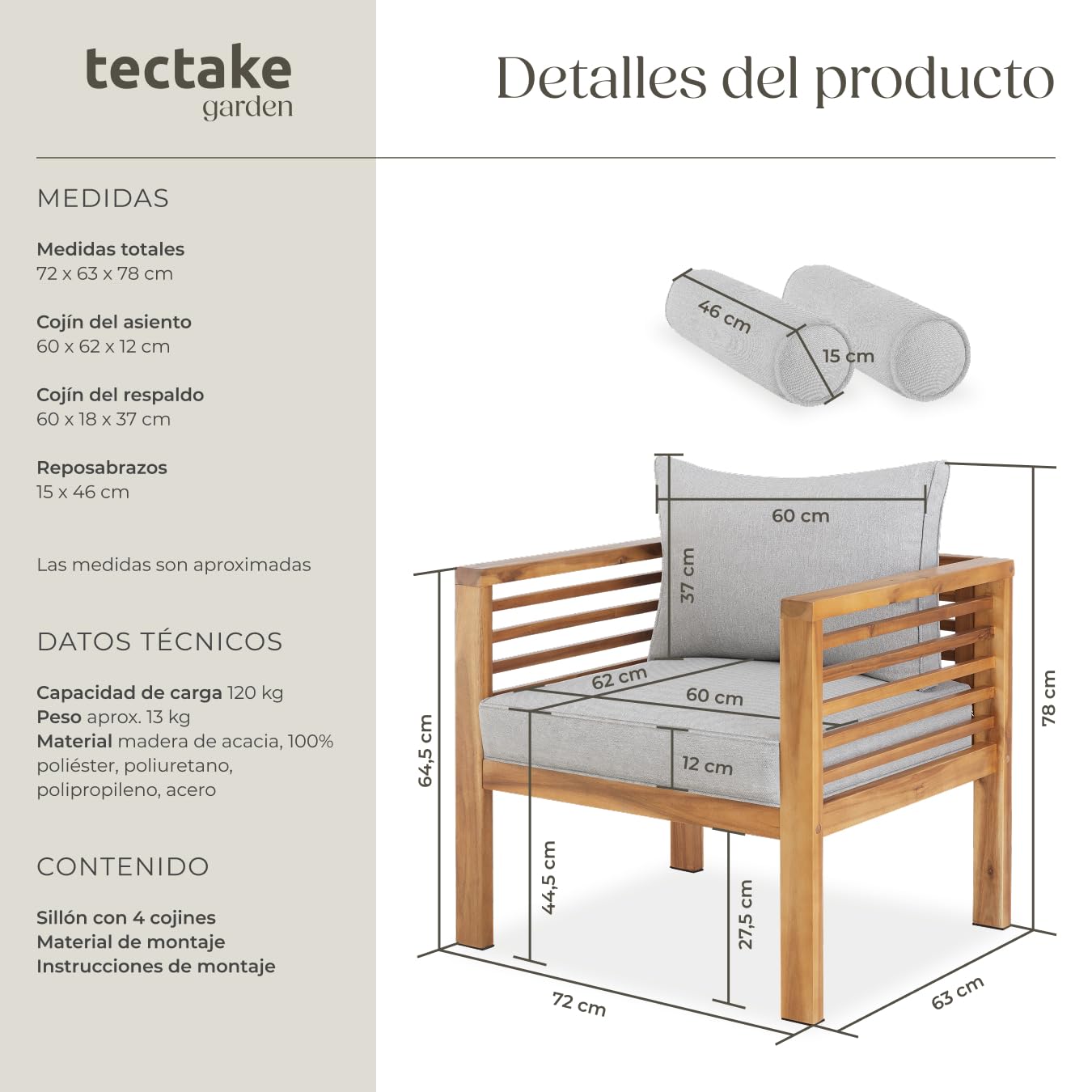 tectake® Sillón de Jardín, Silla de Terraza, Diseño Moderno y Minimalista, Madera Barnizada, Fundas Repelentes al Agua, Tapas Protectoras Antidelizantes, Mueble Jardin Exterior Resistente a Intemperie