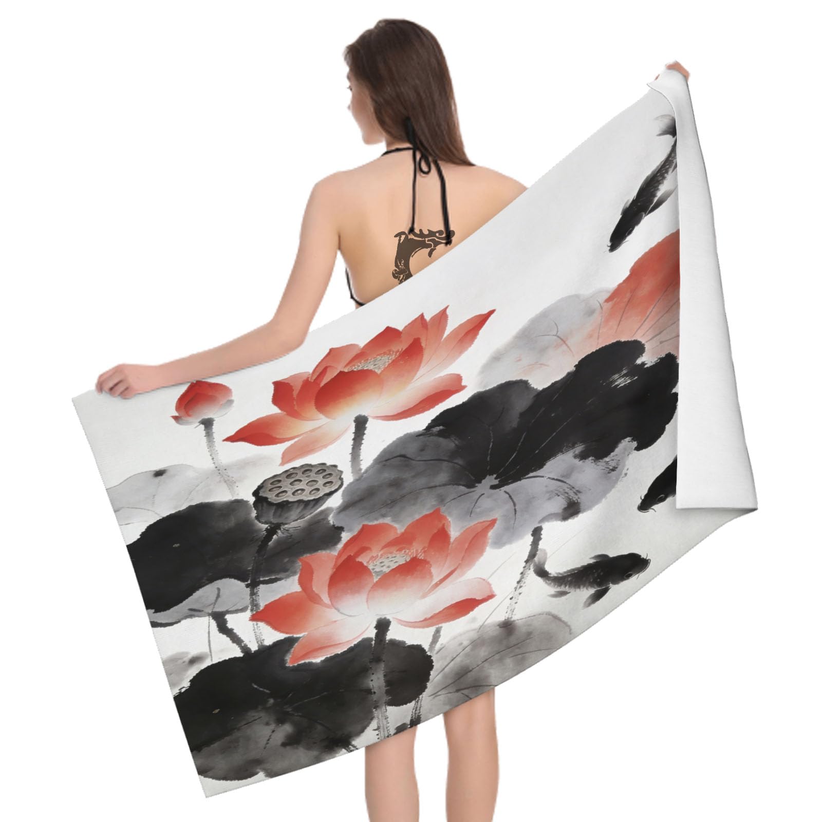 Leichong 3D Chinese Painting Beach Towel Large Microfiber Soft Quick Dry for Adults, Art Style Bath Towel Lightweight Soft Absorbent for Travel Swimming Pool Sports, 80 x 160 cm