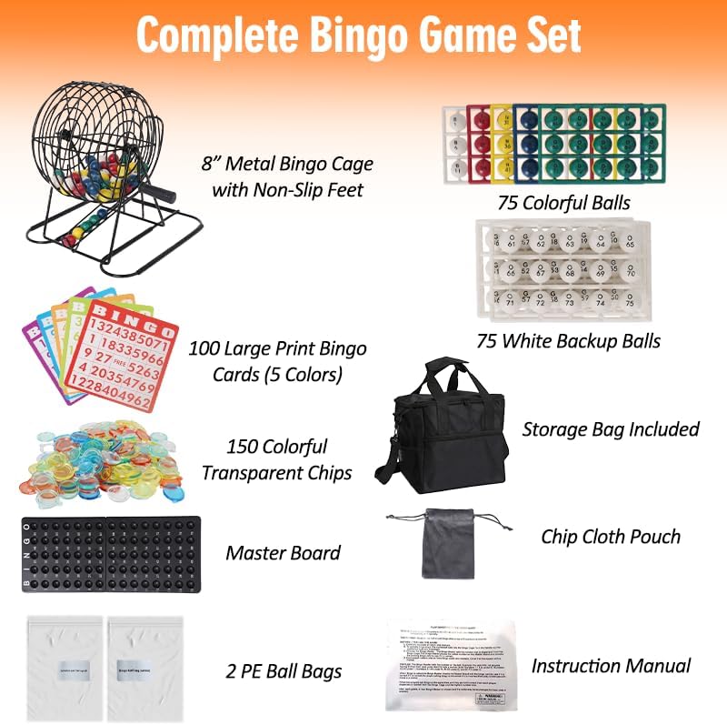 Bingo Game Set with 150 Balls, 8” Metal Bingo Cage with Non-Slip Feet & Storage Bag – Deluxe Bingo Set with 100 Large Print Cards,150 Chips, Master Board for Adults, Seniors & Large Groups