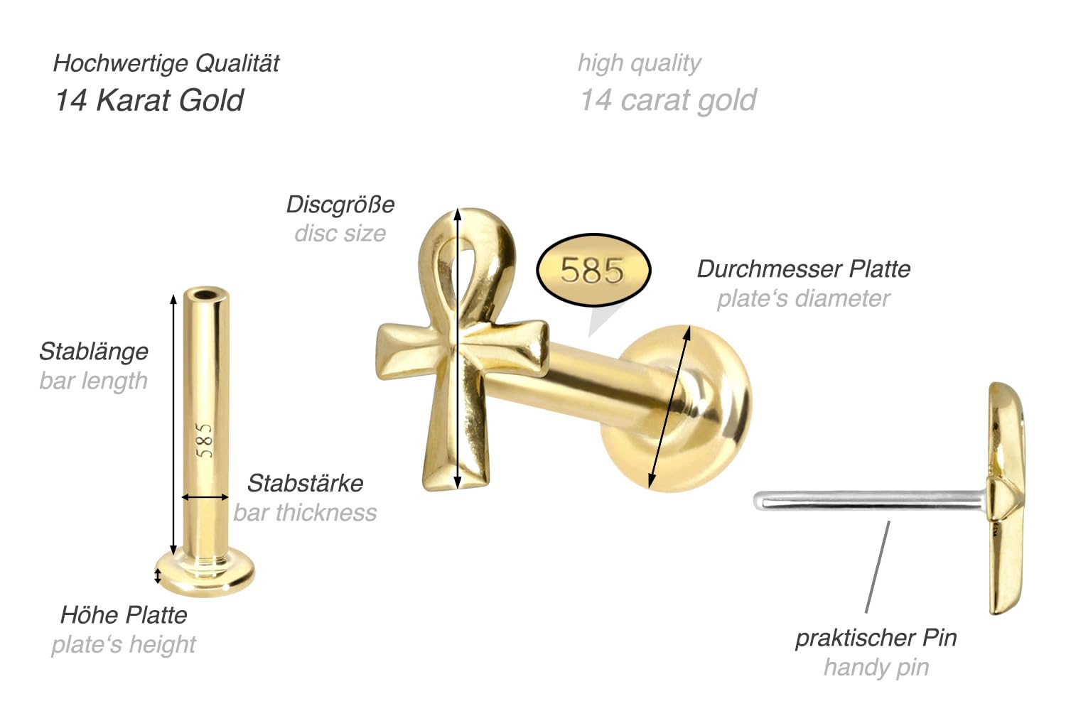 PIERCINGLINE 14 Karat Gold Labret Ohr-Piercing mit Push Fit ÄGYPTISCHES KREUZ Farb & Größenauswahl