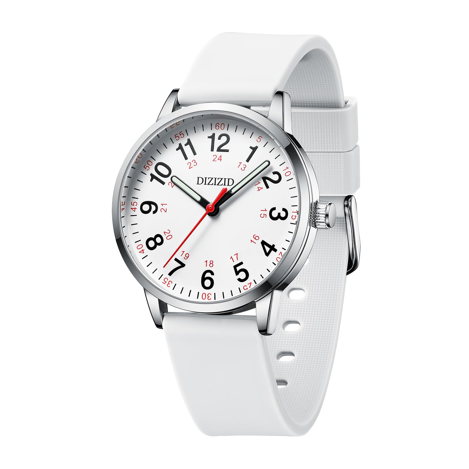[DIZIZID] 腕時計 アナログ ナースウォッチ 防水 蓄光 見やすい文字盤 ウレタンベルト シンプル おしゃれ メンズ レディース 医療 看護師 男女兼用 (ホワイト)