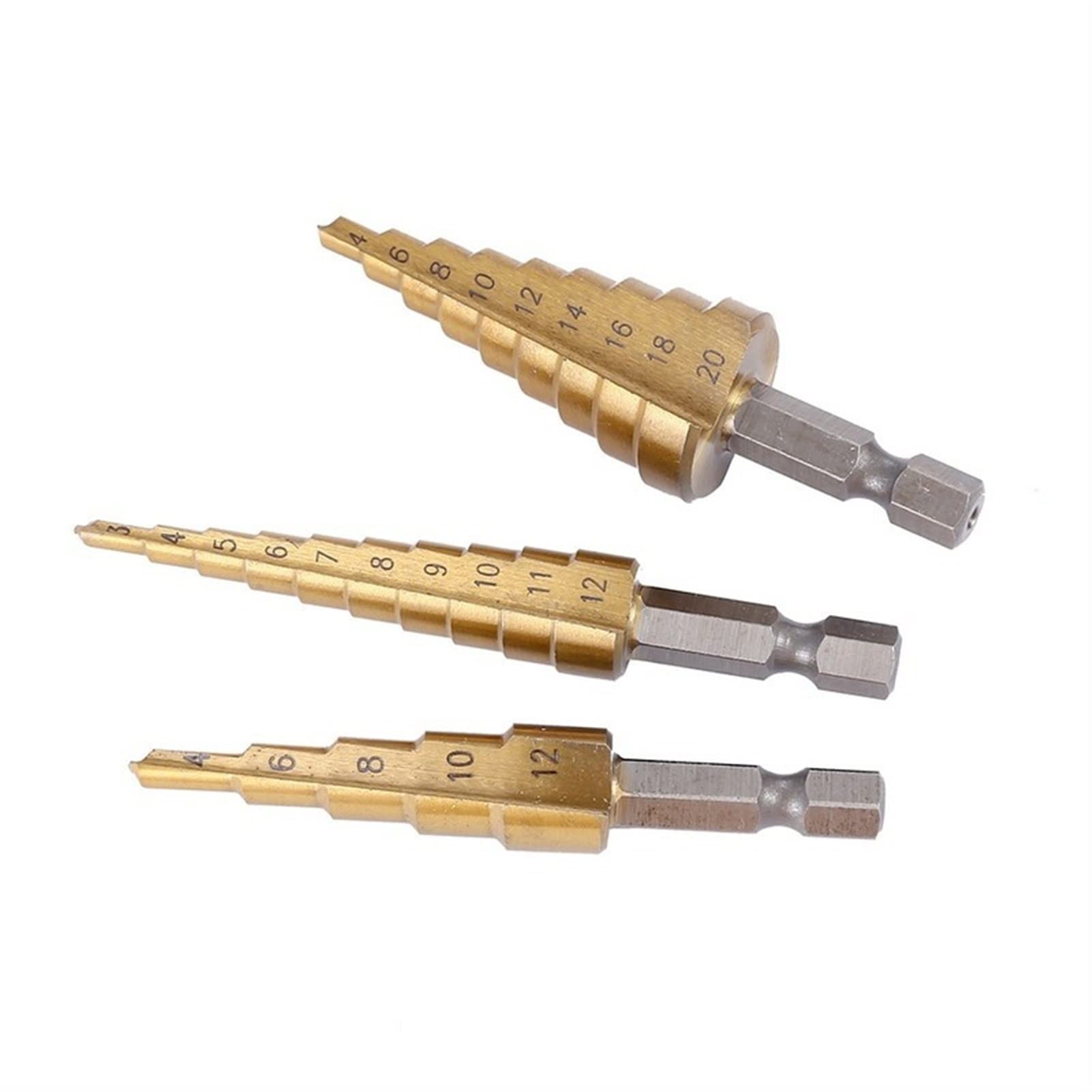 POWERTOOL Stap Kegel Boor, Hss Stap Boor Titanium Gecoat Spiraal Gegroefde Stap Boor Gat Snijder Vermogen Gereedschap voor Hout, Metaal, Roestvrij Staal 4-12 Goud