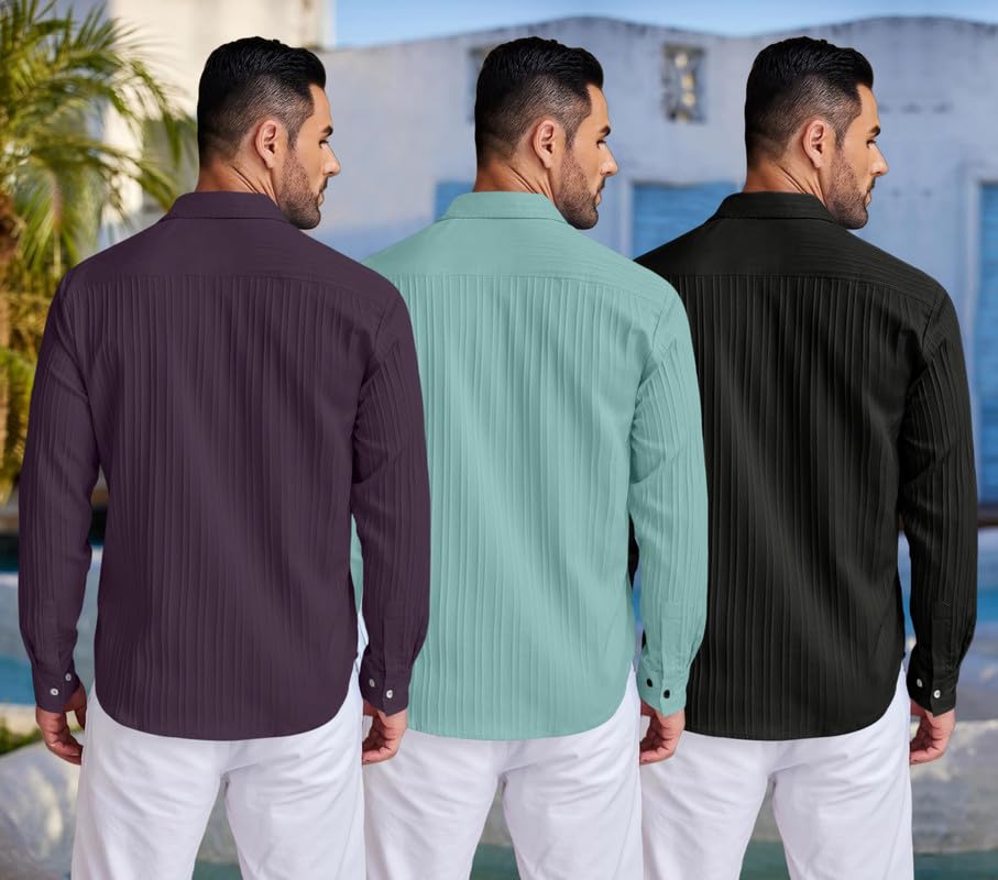 Image of FINIVO FASHION Combo of Men's Casual Cotton Plain Button Down Shirt Long Sleeve Textured Summer Beach Shirt for Men Pack of 3