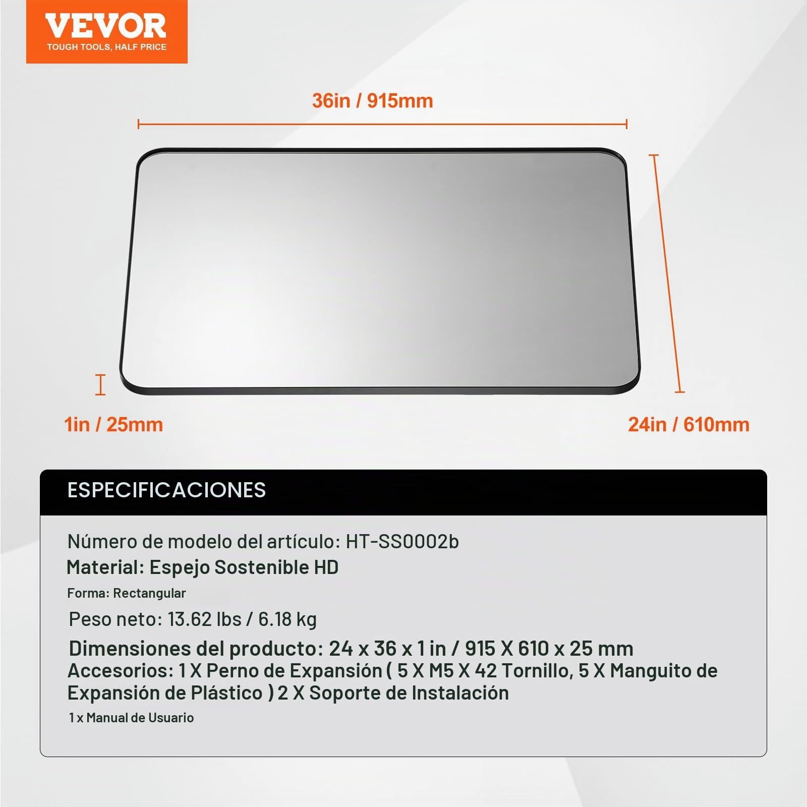 VEVOR Espejo de Pared Espejo de Maquillaje Espejo de Baño 915 x 610 x 25 mm Espejo Rectangular Marco de Aleación de Aluminio Negro con Soporte en Forma de Z para Baño Dormitorio Sala de Estar