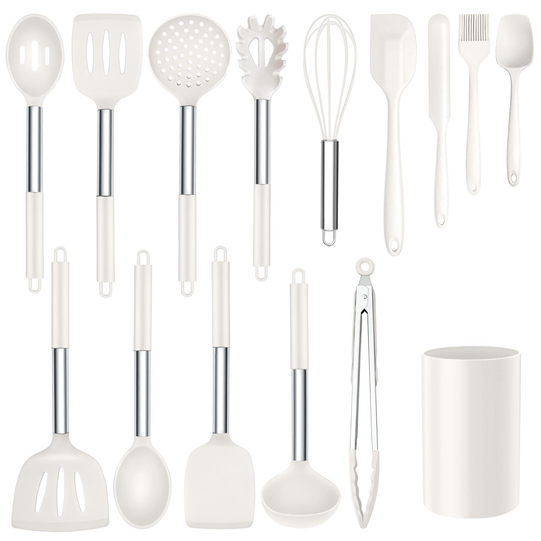 OnaderSilicone Kitchen Utensils Set, 15pcs White Silicone Cooking Utensils Set with Holder, Includes Heat Resistant Spatula Turner Spoon Whisk Tong