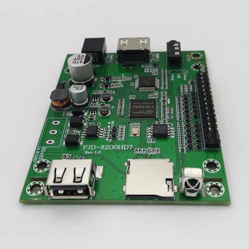 Another angled view of the FJD-8200HD7 board, focusing on the USB host ports and the TF card slot.