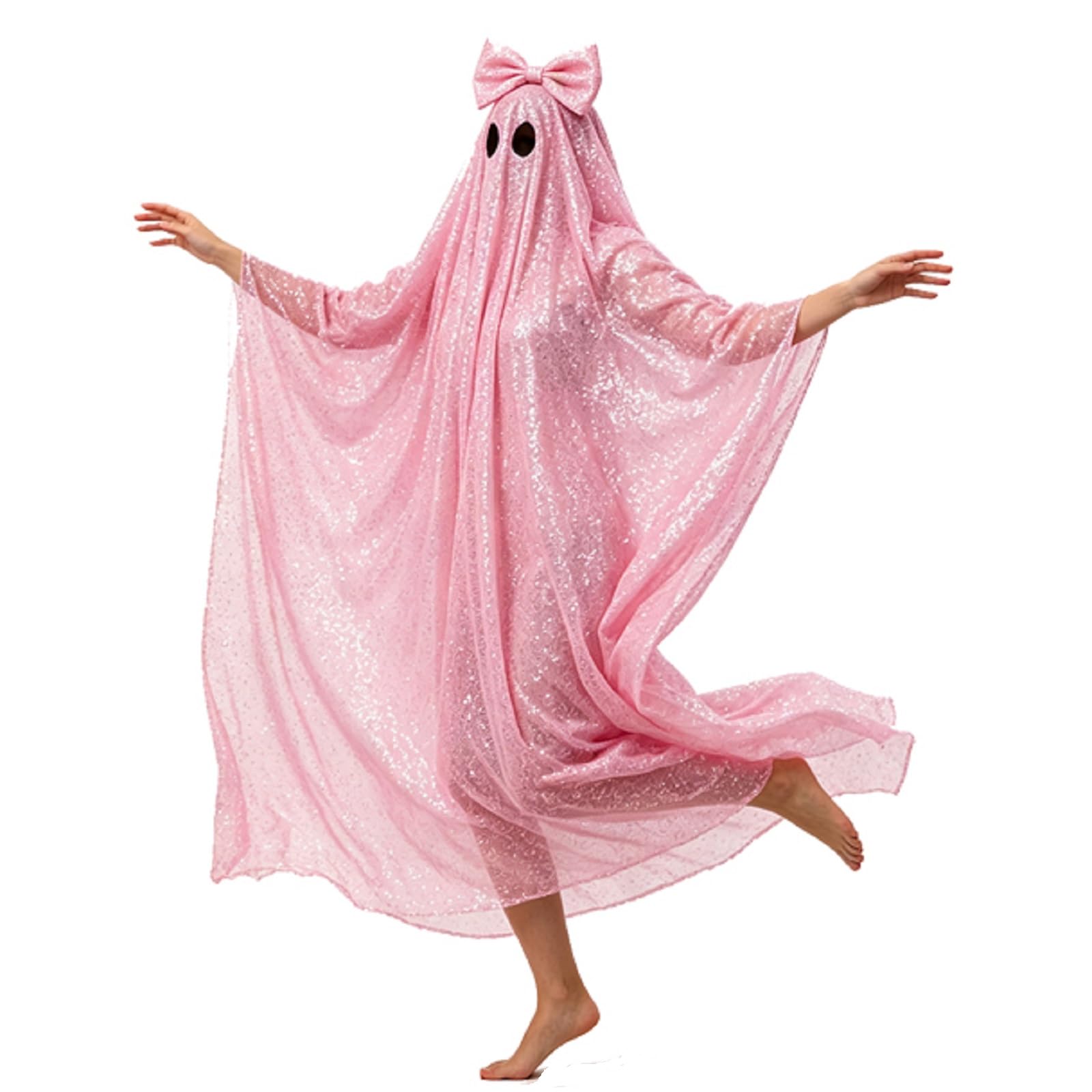 Muspeczenith Women Ghost Costume Halloween Spooky Cape Sequin Disco Ghost Poncho (Pink, S)
