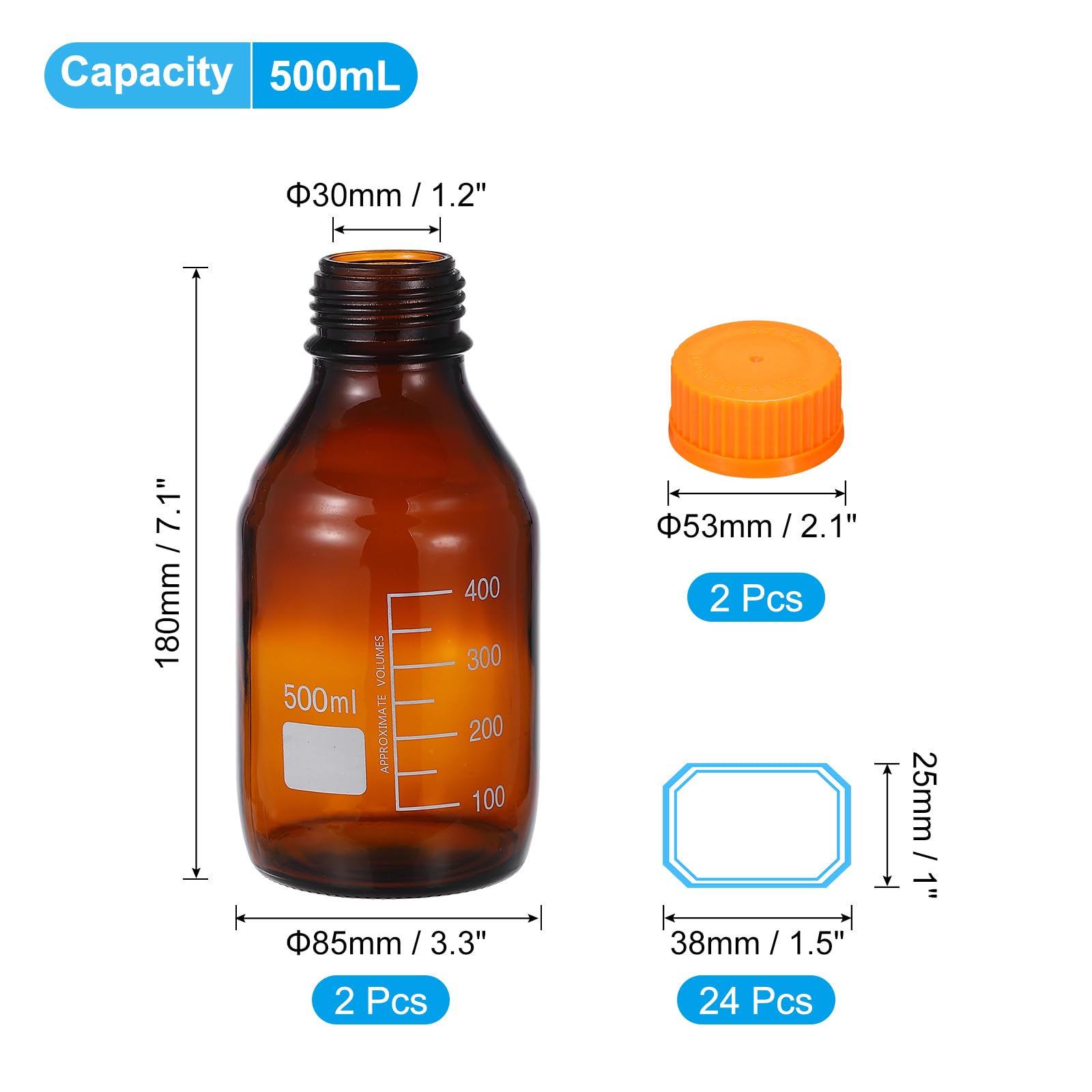 PATIKIL 2 Flaconi Da Laboratorio Per Reagenti, 500ml Borosilicate Vetro Graduato Bottiglie Rotondo Con Tappo A Vite Arancione GL32 E 24 Etichette Per Liquidi Reagenti Acqua