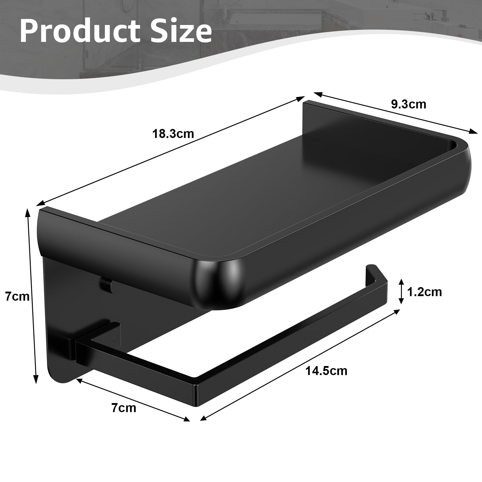 Lucien Toilet Roll Holder No Drilling Required Toilet Roll Holder with Shelf Aluminium Alloy Toilet Paper Holder Wall Mounted for Kitchen and Bathroom (Black) - Image 4