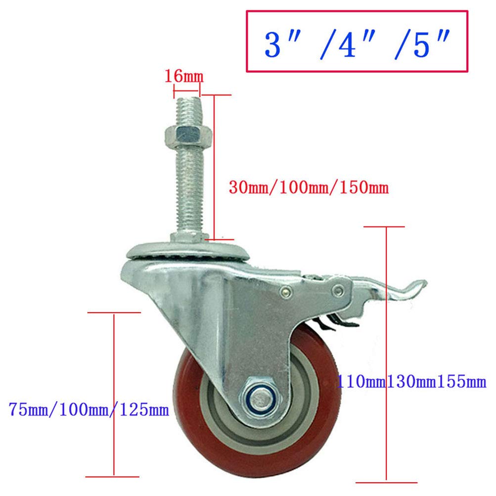 Ruedas, ruedas pesadas, Ruedas de vástago M16 * 30/100/150 mm, ruedas de goma de alta resistencia de 3/4/5 pulgadas, ruedas giratorias for muebles con frenos, mango largo, paquete de 4,500 lb