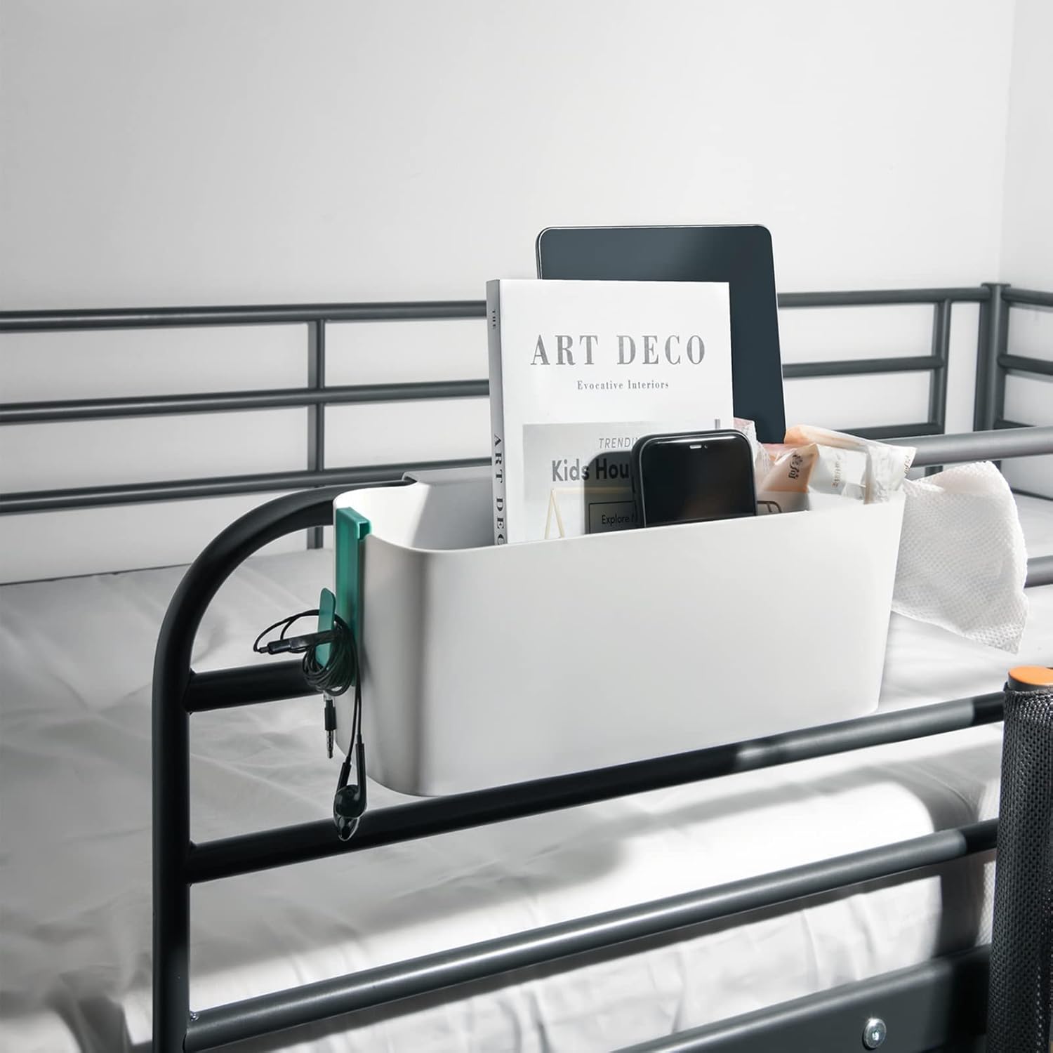 Yopay 2 Pack Bedside Caddy Organizer, Plastic Bunk Bed Shelf, Dorm Bedside Holder, Multi Storage Pocket Holder for Kids Loft Bed Rail Rv Bathroom College with Hook - Image 5