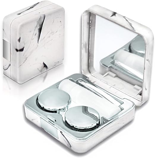 Contact Lens Case, Portable Cute Eye Contacts Colored Lenses Applicator Remover Tool Kit with Mirror Solution Bottle for Travel Daily Outdoor (Square, Silver)