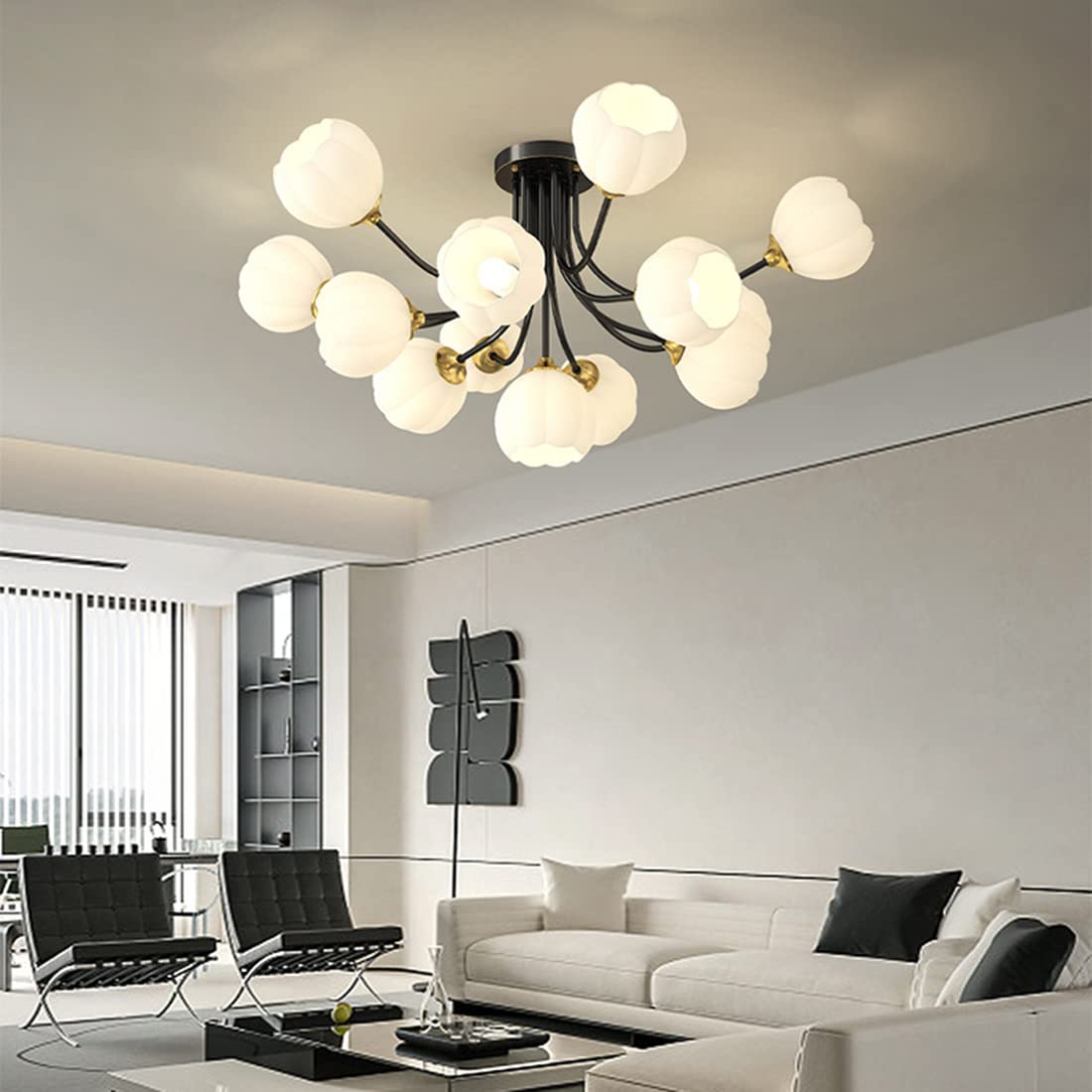 Lampy sufitowe do sypialni 13-jasne czarne mosiężne lampy sufitowe z białym kwiatem-szklanym kloszem szklana kula lampa sufitowa do sypialni salon jadalnia (13Lightblack